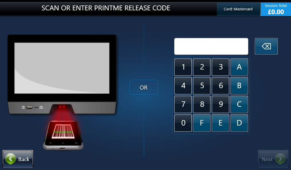 <strong>Step 7: Scan or enter PrintMe release code</strong>